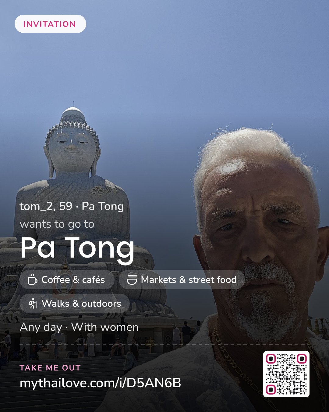 tom_2 wants to go to Pa Tong: Coffee & cafés + Markets & street food + Walks & outdoors. Any day. With women.