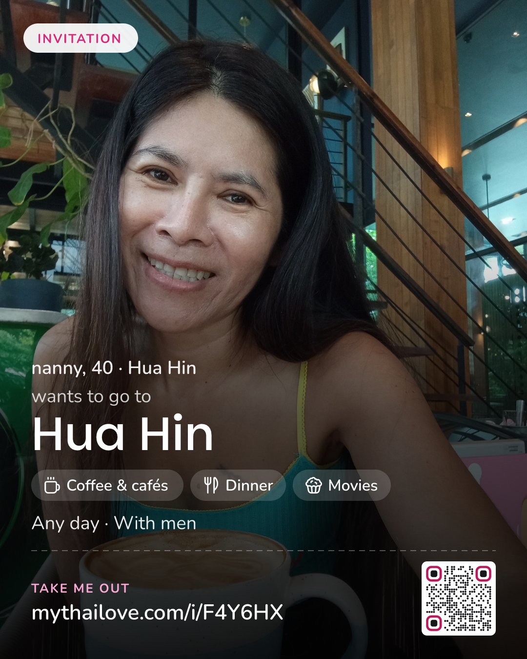 nanny wants to go to Hua Hin: Coffee & cafés + Dinner + Movies. Any day. With men.
