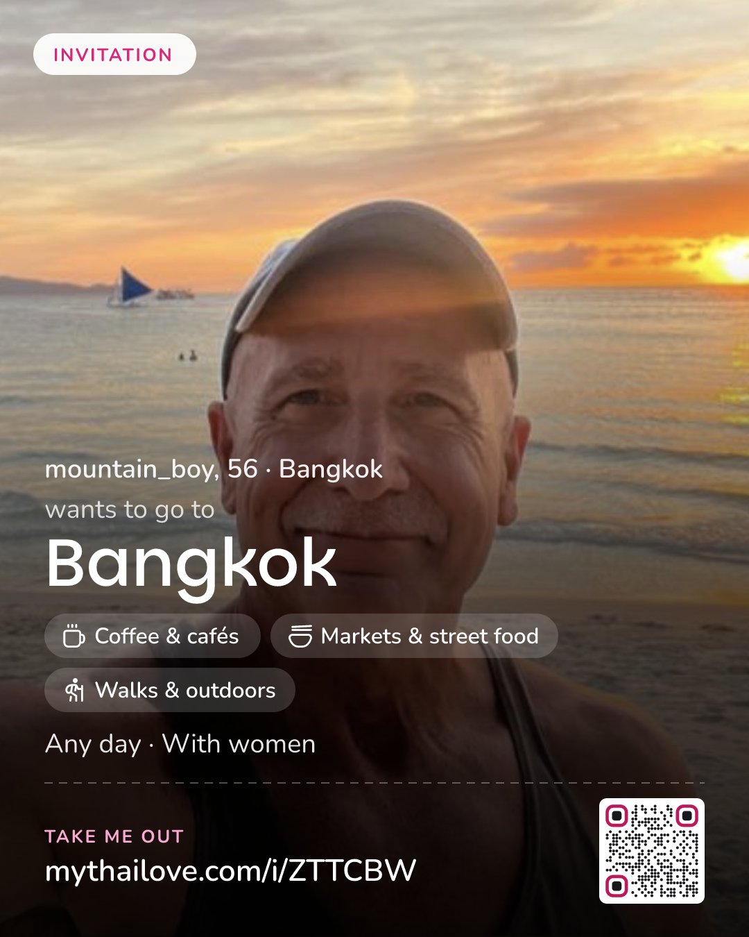 mountain_boy wants to go to Bangkok: Coffee & cafés + Markets & street food + Walks & outdoors. Any day. With women.