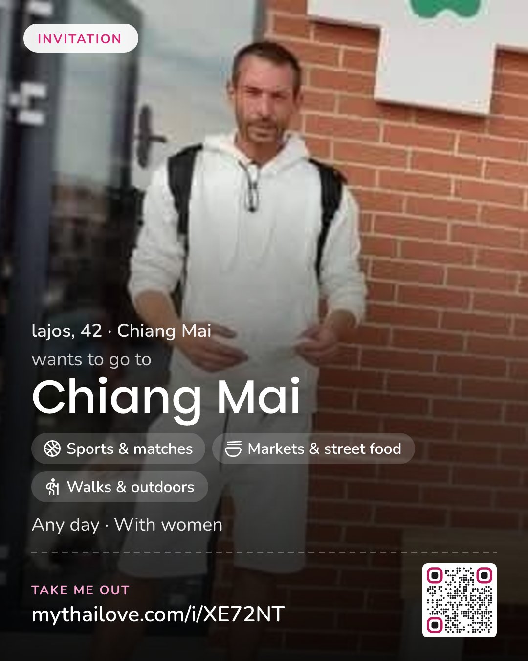 lajos wants to go to Chiang Mai: Sports & matches + Markets & street food + Walks & outdoors. Any day. With women.