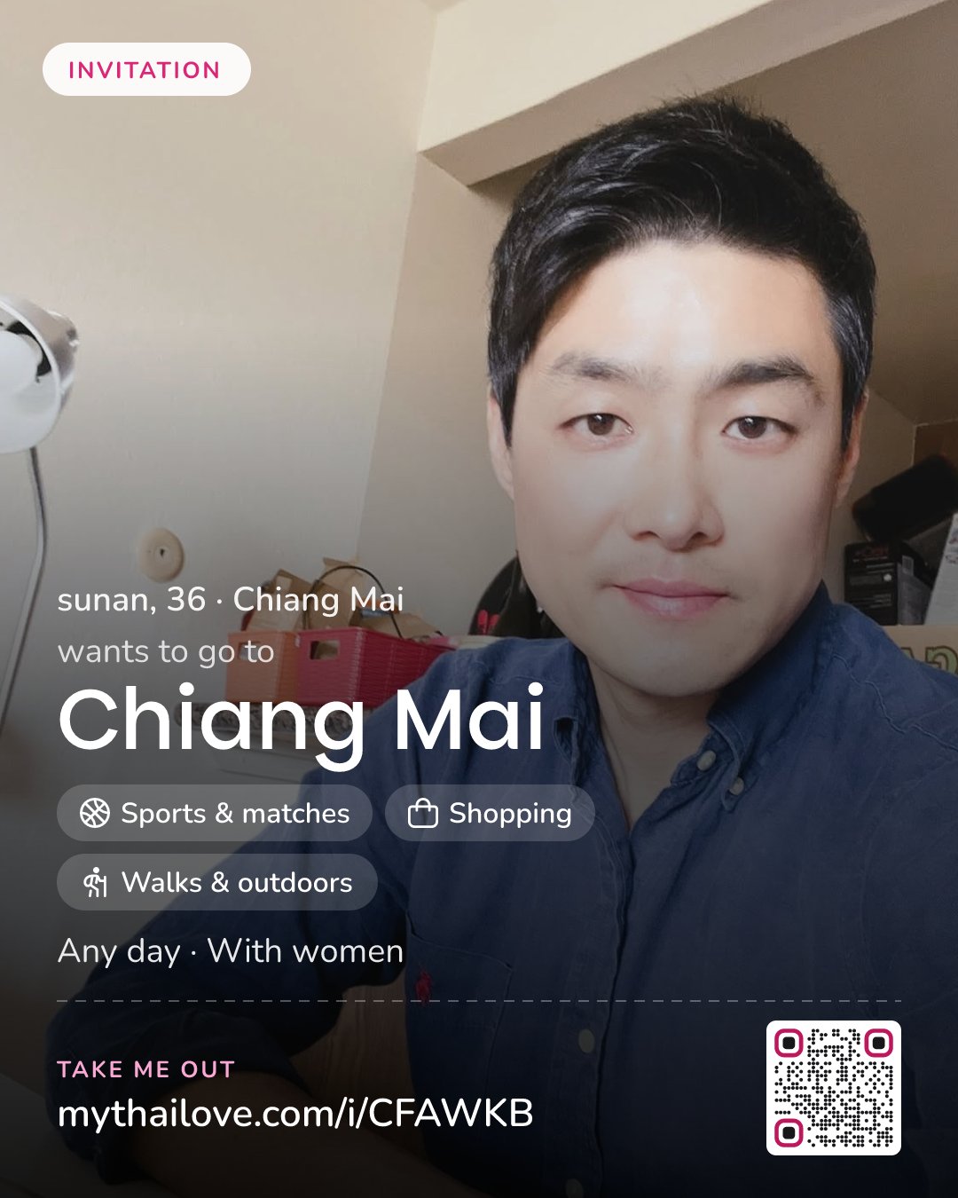 sunan wants to go to Chiang Mai: Sports & matches + Shopping + Walks & outdoors. Any day. With women.