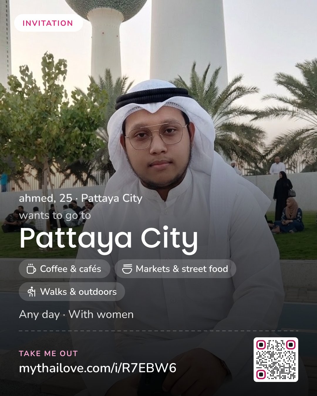 ahmed wants to go to Pattaya City: Coffee & cafés + Markets & street food + Walks & outdoors. Any day. With women.