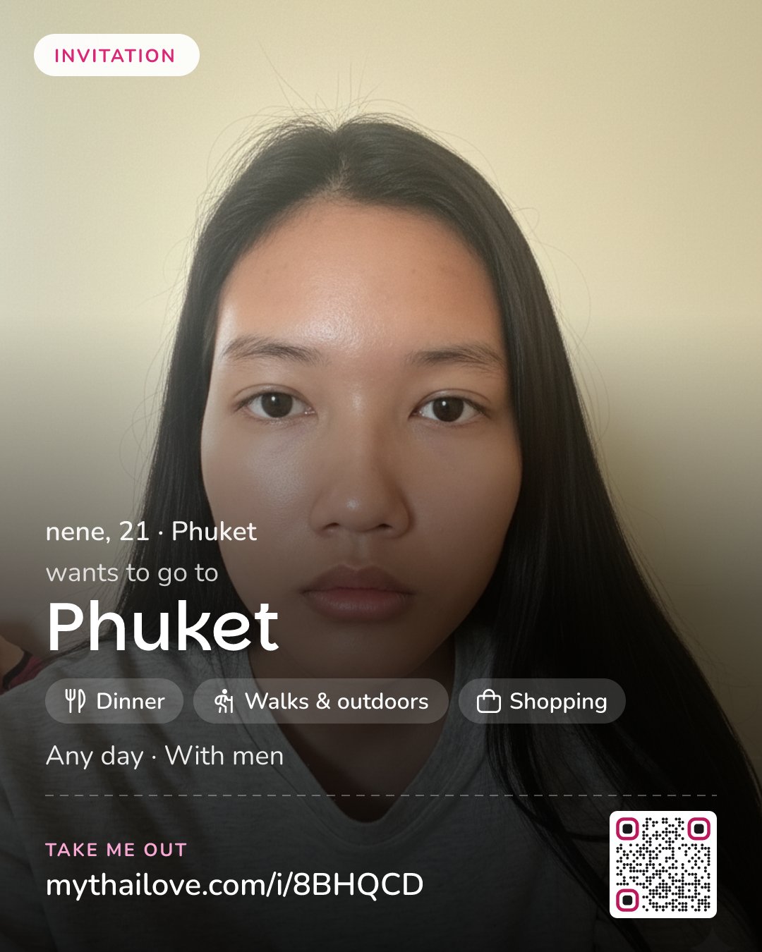 nene wants to go to Phuket: Dinner + Walks & outdoors + Shopping. Any day. With men.
