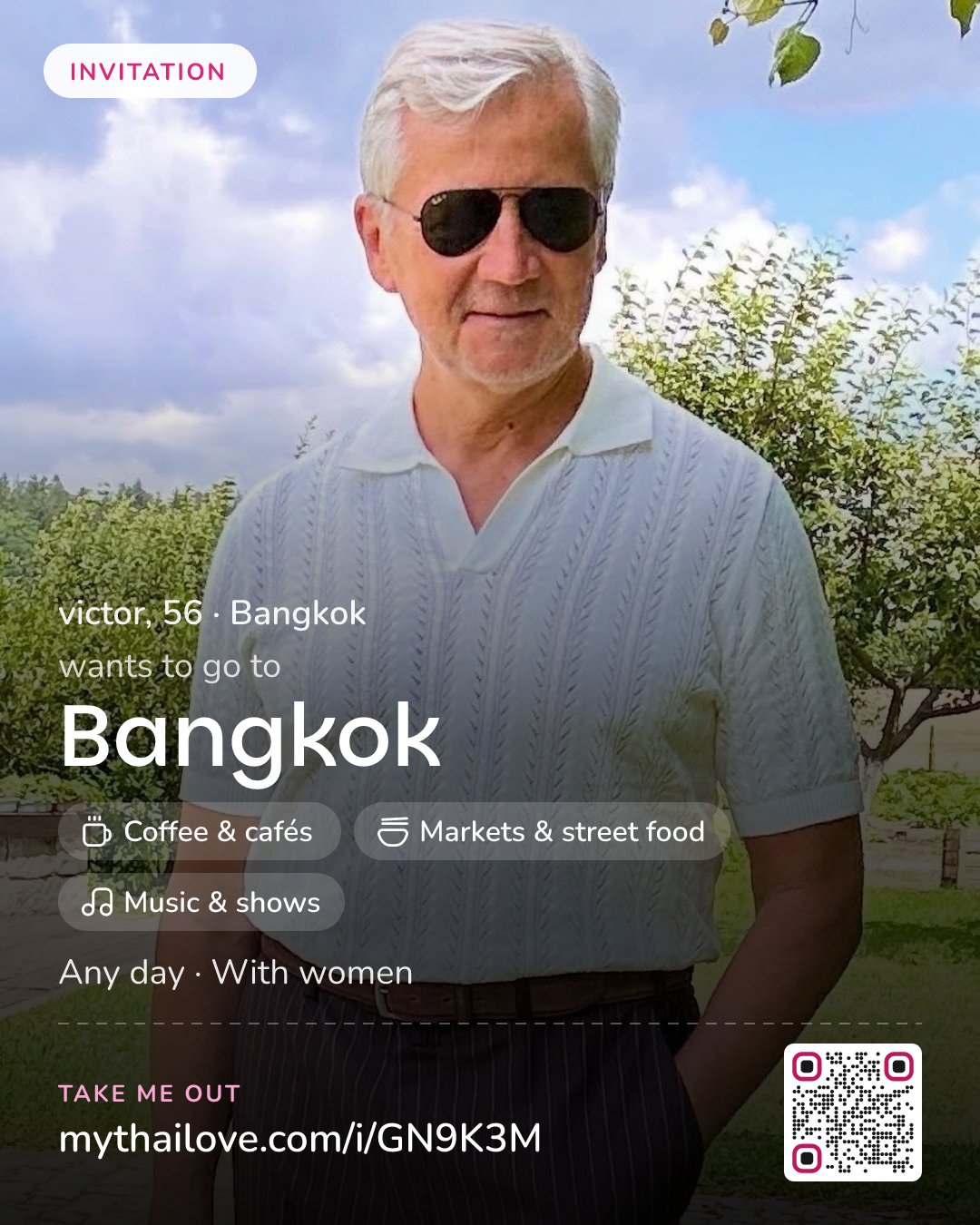 victor wants to go to Bangkok: Coffee & cafés + Markets & street food + Music & shows. Any day. With women.