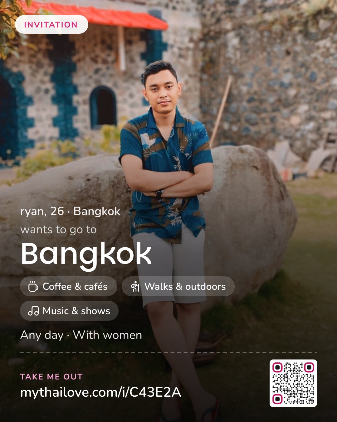 ryan wants to go to Bangkok: Coffee & cafés + Walks & outdoors + Music & shows. Any day. With women.