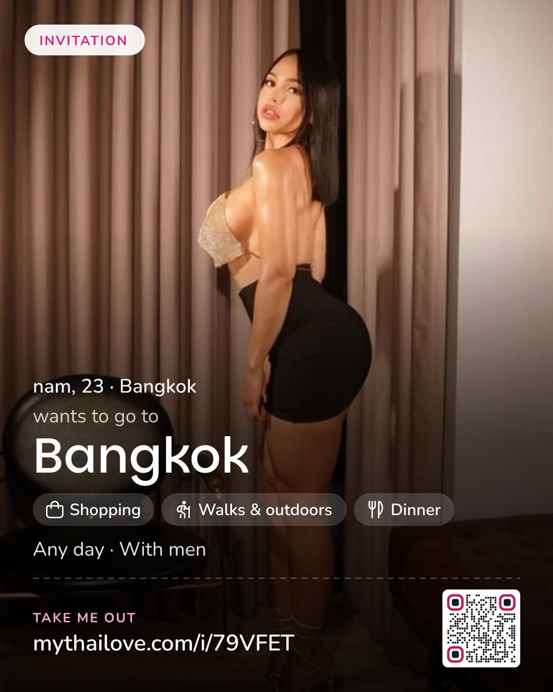 nam wants to go to Bangkok: Shopping + Walks & outdoors + Dinner. Any day. With men.