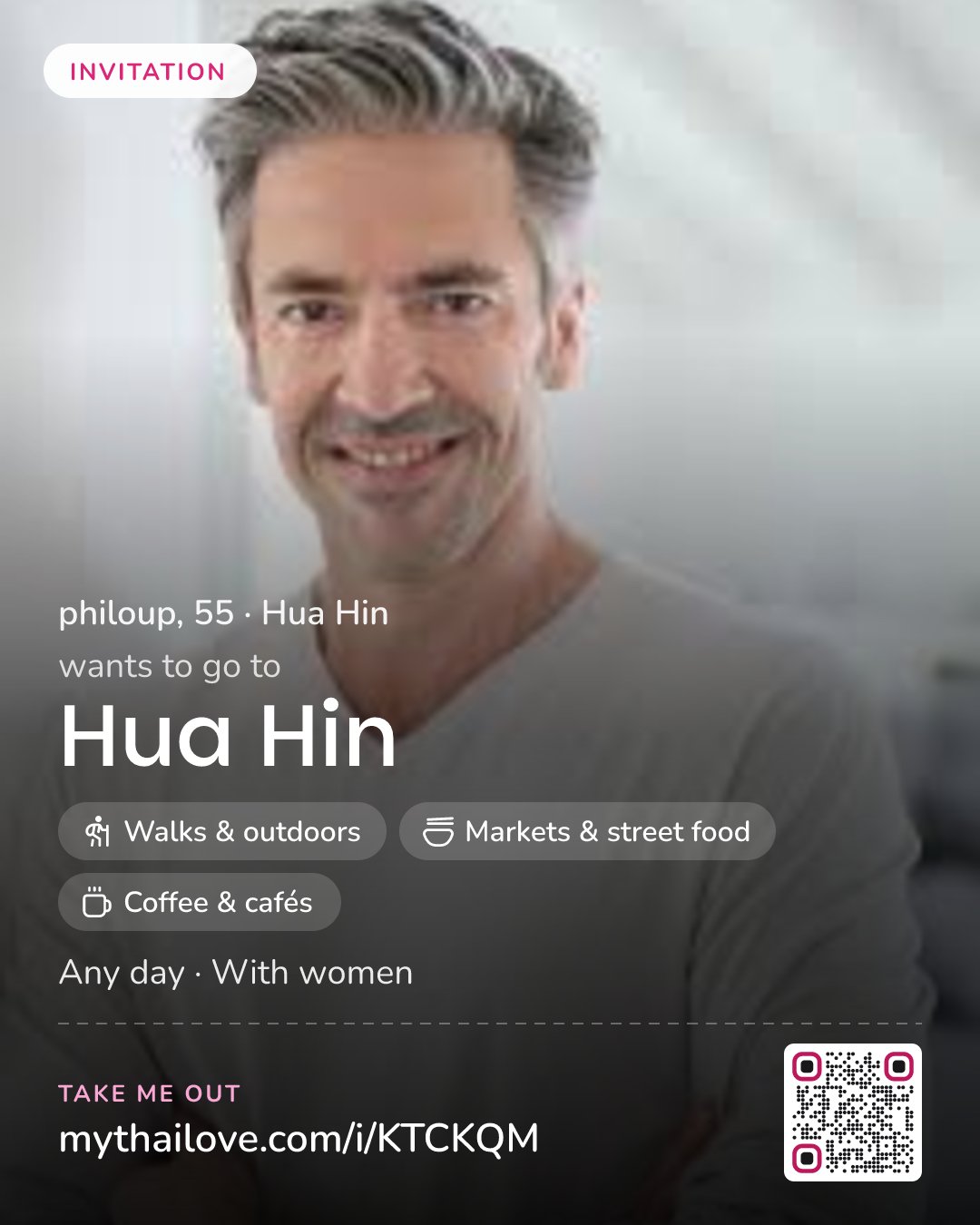philoup wants to go to Hua Hin: Walks & outdoors + Markets & street food + Coffee & cafés. Any day. With women.