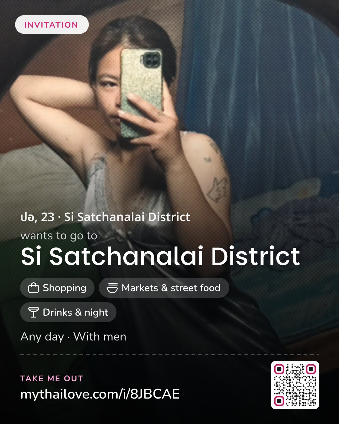 ปอ wants to go to Si Satchanalai District: Shopping + Markets & street food + Drinks & night. Any day. With men.