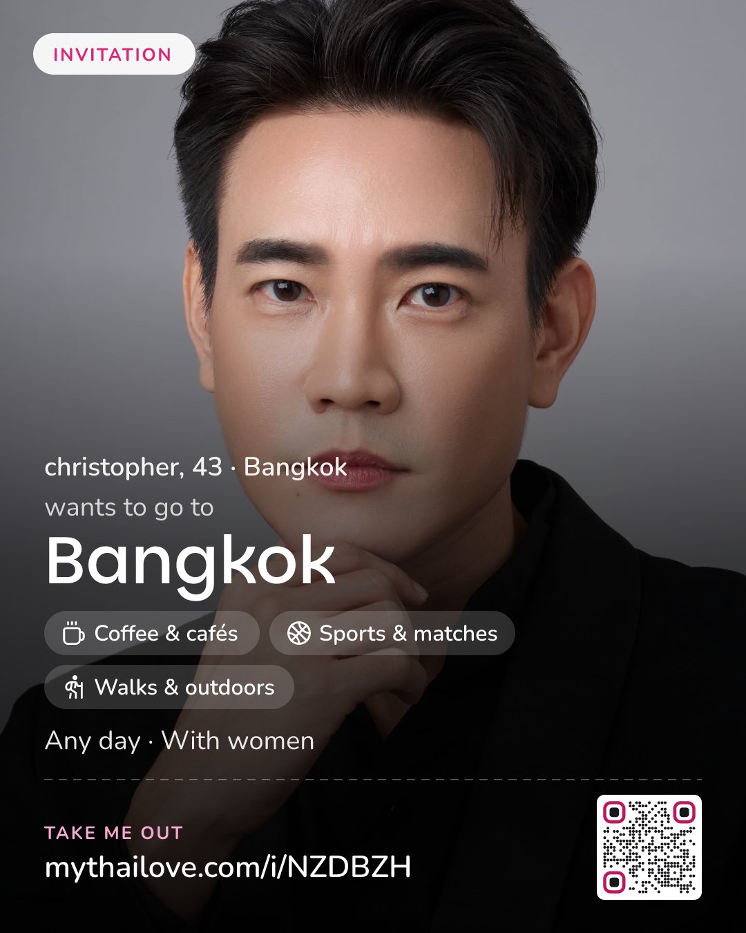 christopher wants to go to Bangkok: Coffee & cafés + Sports & matches + Walks & outdoors. Any day. With women.