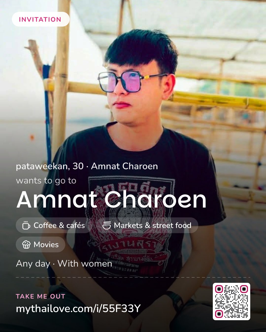 pataweekan wants to go to Amnat Charoen: Coffee & cafés + Markets & street food + Movies. Any day. With women.
