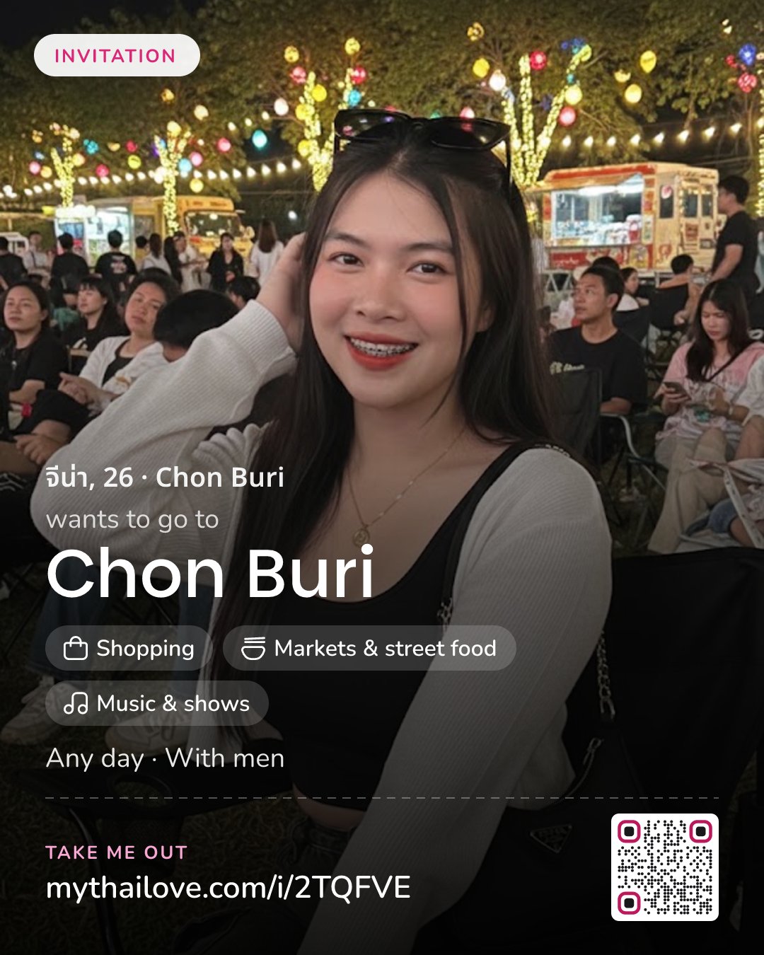 จีน่า wants to go to Chon Buri: Shopping + Markets & street food + Music & shows. Any day. With men.