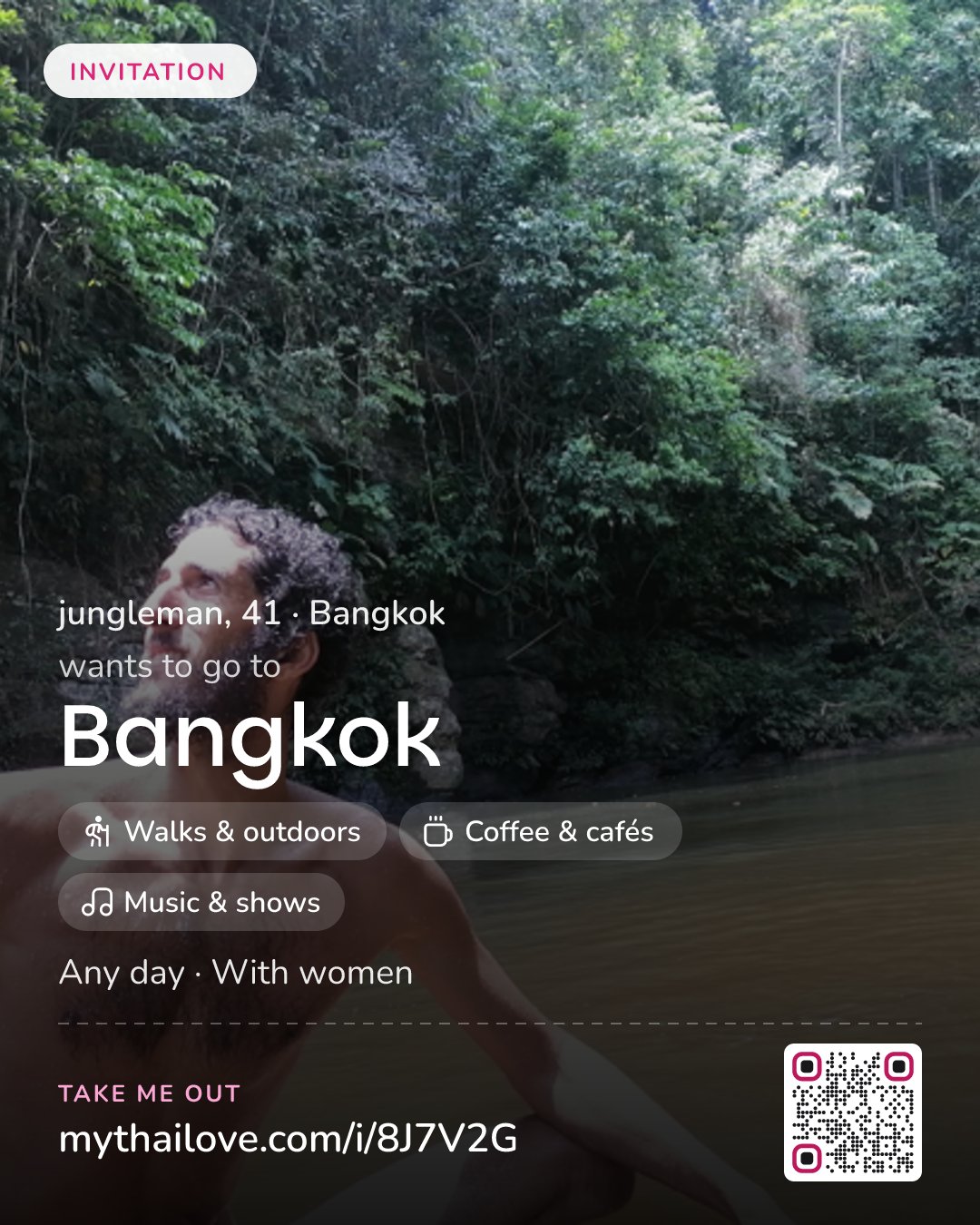 jungleman wants to go to Bangkok: Walks & outdoors + Coffee & cafés + Music & shows. Any day. With women.