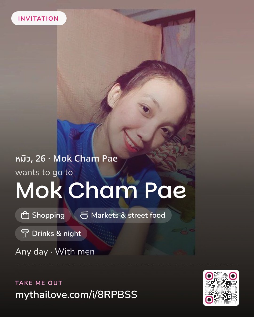 หมิว wants to go to Mok Cham Pae: Shopping + Markets & street food + Drinks & night. Any day. With men.