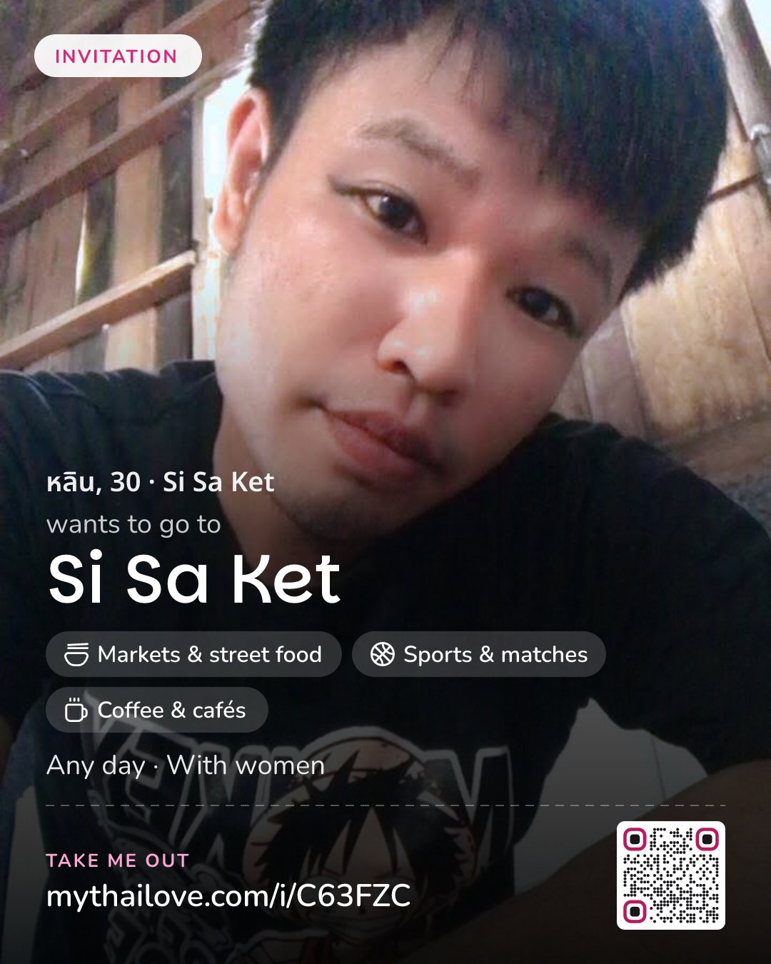 หลิน wants to go to Si Sa Ket: Markets & street food + Sports & matches + Coffee & cafés. Any day. With women.