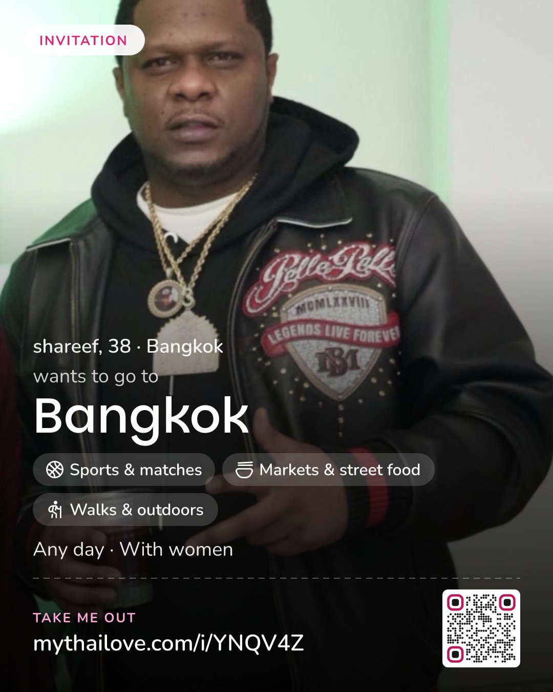 shareef wants to go to Bangkok: Sports & matches + Markets & street food + Walks & outdoors. Any day. With women.