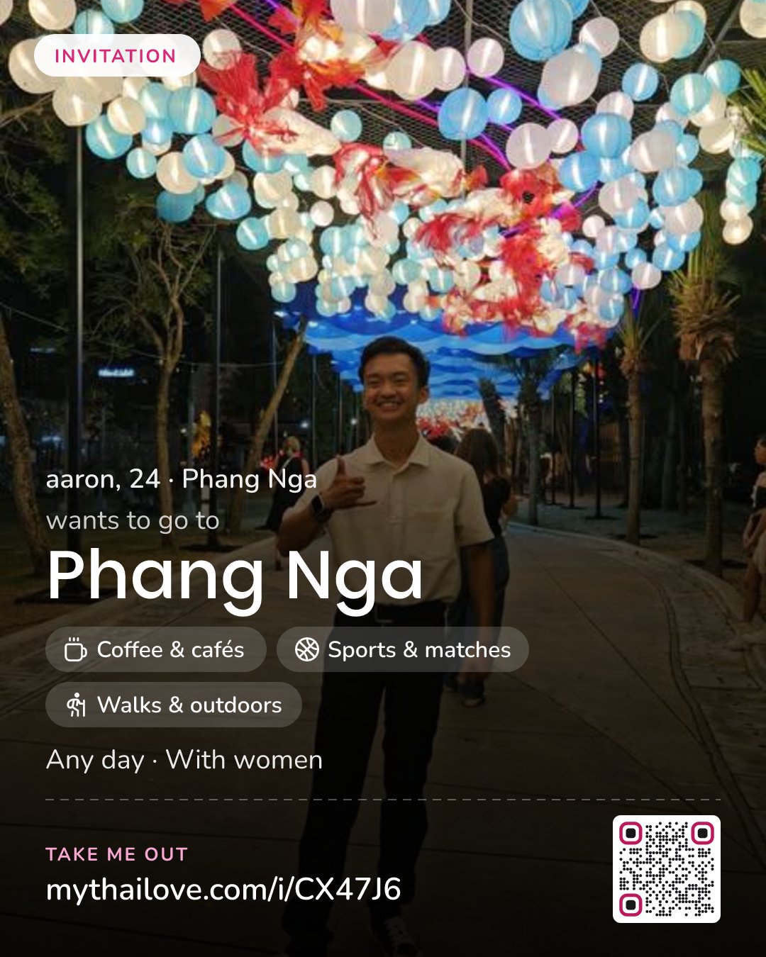 aaron wants to go to Phang Nga: Coffee & cafés + Sports & matches + Walks & outdoors. Any day. With women.